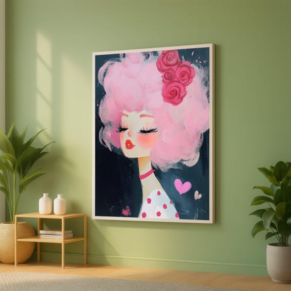 Whimsical Pink Hair Girl Canvas Cute Portrait Wall Art Feminine Decorative Modern Bedroom Artwork Ready To Hang Painting