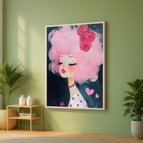 Whimsical Pink Hair Woman Portrait With Roses Feminine Decor Poster