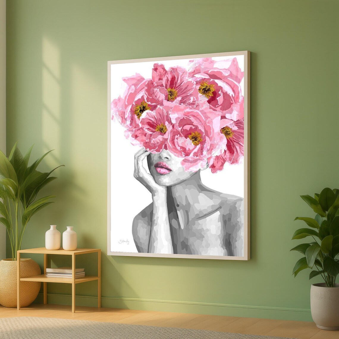 Modern Woman Portrait with Pink Flower Headpiece Feminine Art Poster