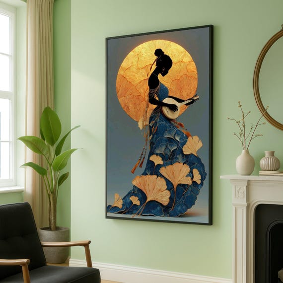 Elegant African Woman Playing Banjo Canvas Floral Ginkgo Leaves Dress Golden Sun Background Ethnic Music Art Home Wall Decoration