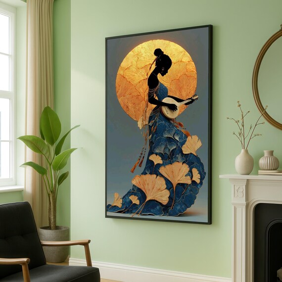 Elegant Silhouette Woman Playing Banjo Under Golden Sun Poster