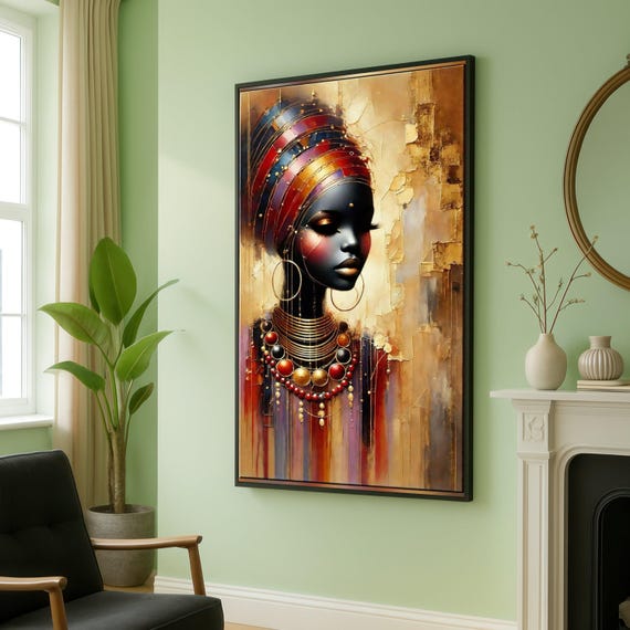 Elegant African Woman Portrait Canvas Ethnic Headwrap Wall Art Modern Tribal Jewelry Painting Gold Texture Abstract Ready To Hang