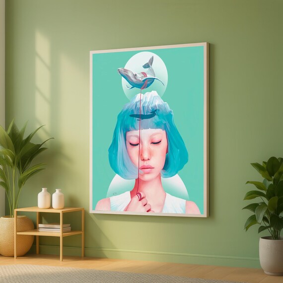 Surreal Blue Hair Girl With Whale Balloon Dreamlike Canvas Wall Art Modern Artistic Portrait Whimsical Home Decoration