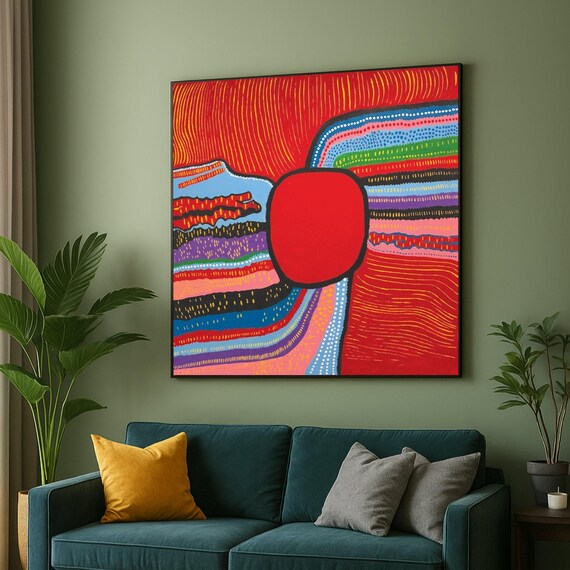 Yayoi Kusama Canvas Vibrant Abstract Bold Red Centerpiece Colorful Lines And Dots Modern Artistic Wall Art Home Decoration