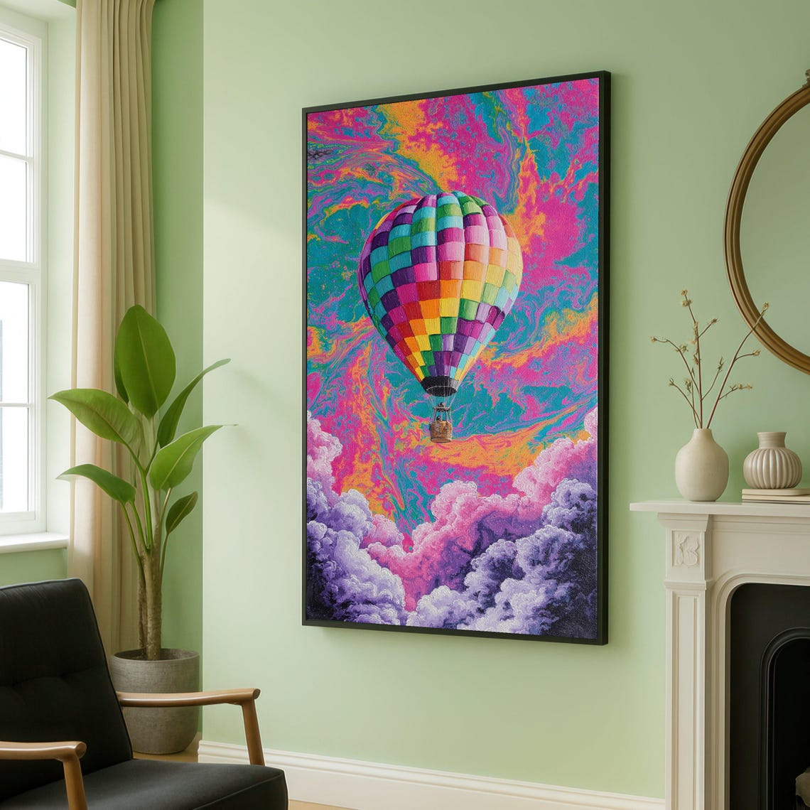 Psychedelic Rainbow Hot Air Balloon Above Pink Clouds Poster