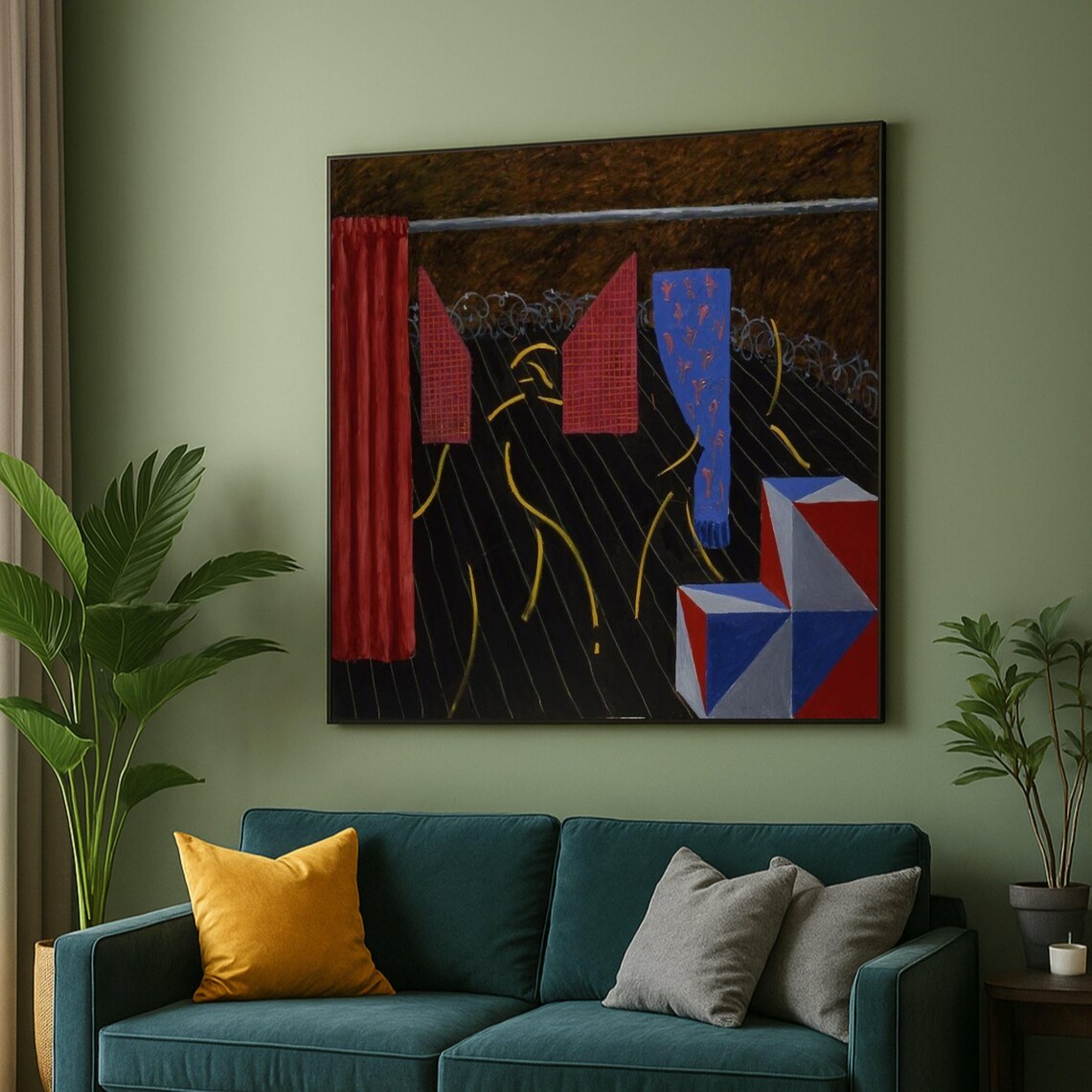 David Hockney Style Geometric Red Curtain Abstract Art Poster