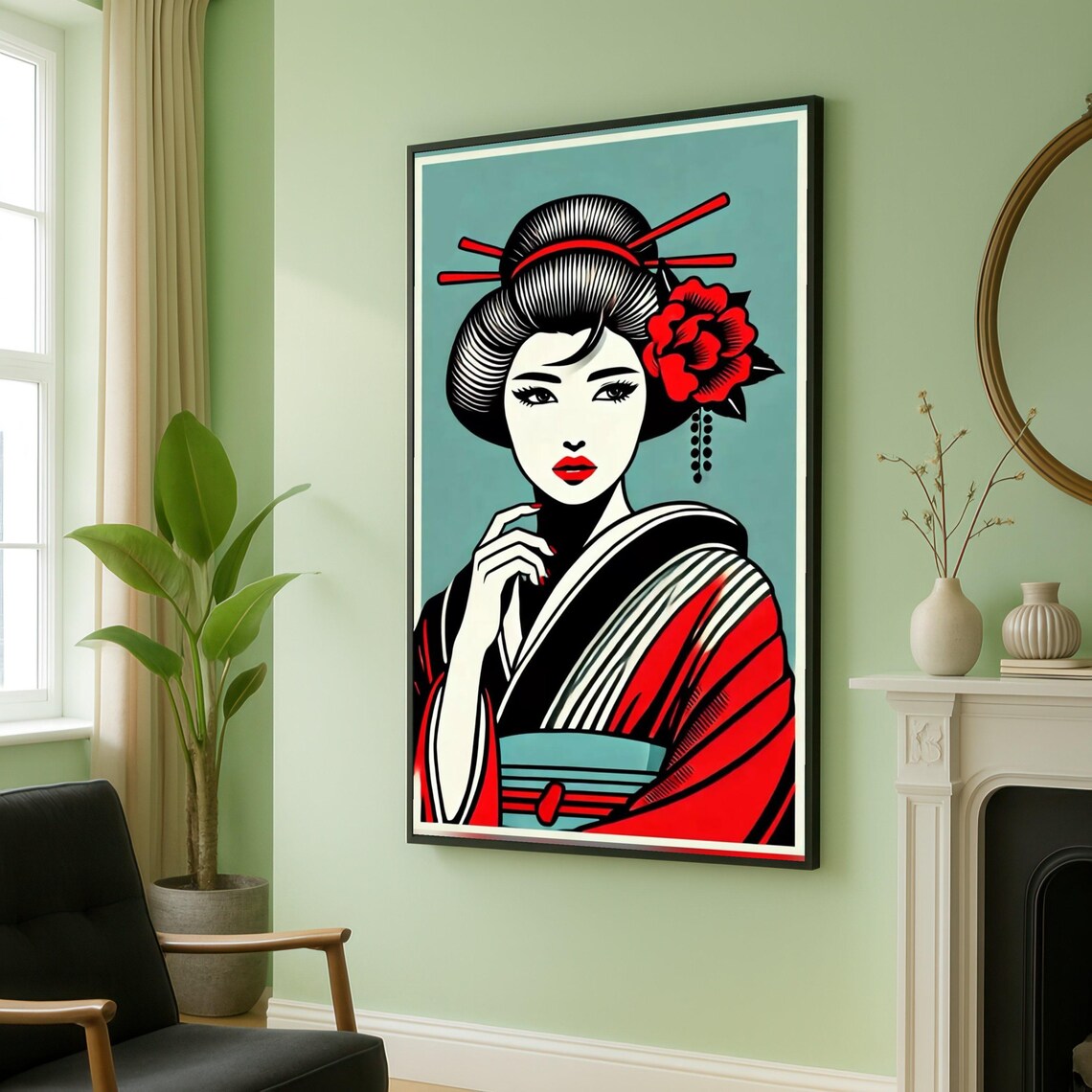 Retro Pop Geisha Portrait Red Kimono Floral Hair Stick Art Poster