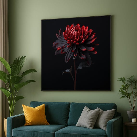 Dark Red Dahlia Canvas Wall Art Floral Closeup Moody Botanical Decor Elegant Flower Artwork Home Decoration