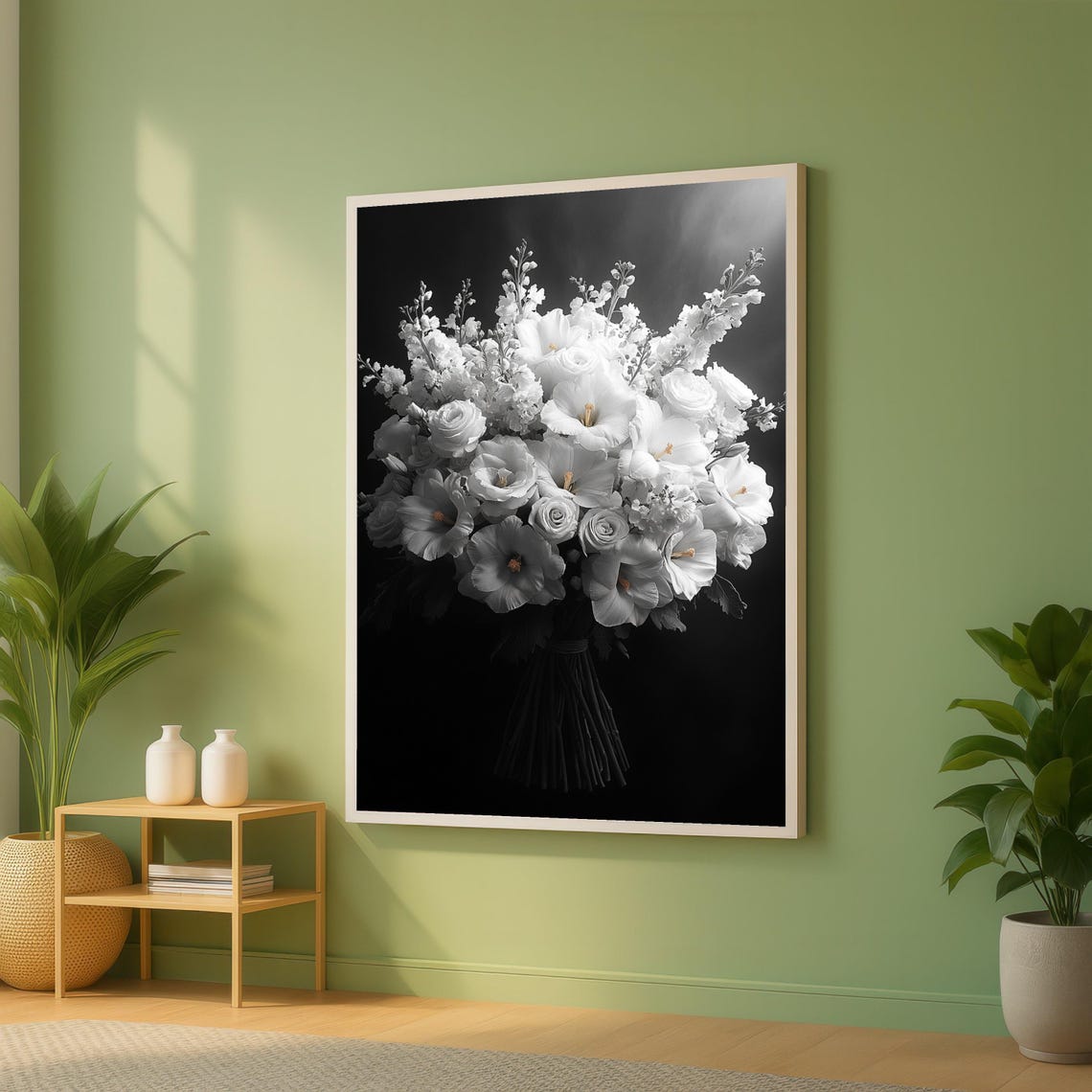 White Rose Bouquet Monochrome Floral Black Background Art Poster