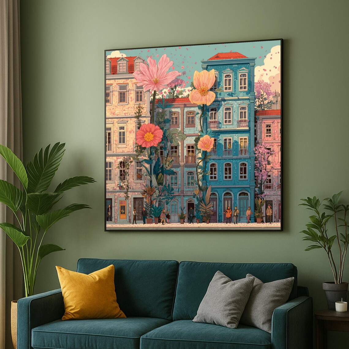 Vibrant Floral Cityscape Oversized Blossoms Colorful Buildings Poster