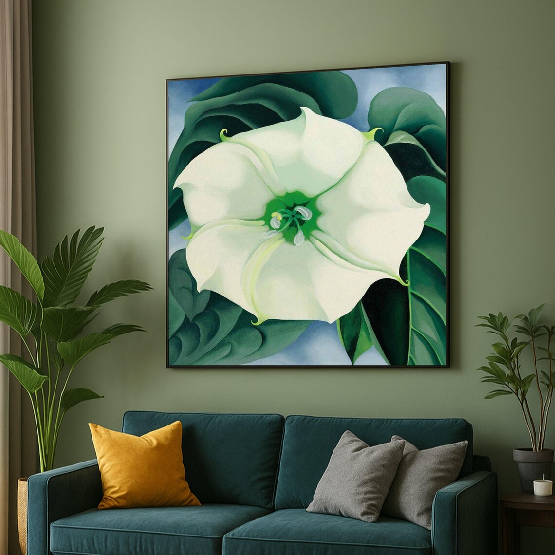 White Datura Jimson Weed Flower With Dark Green Leaves Botanical Poster