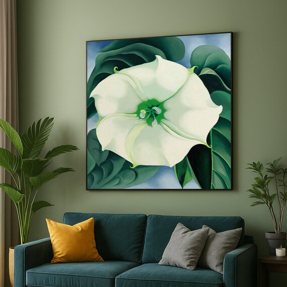 White Datura Jimson Weed Flower With Dark Green Leaves Botanical Poster