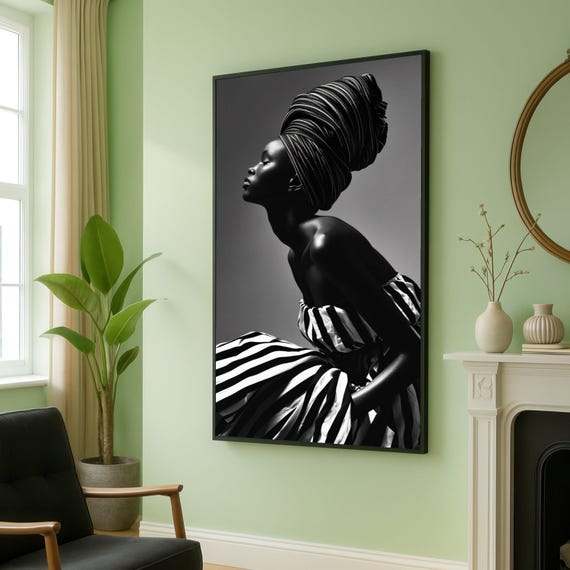Elegant Black And White Portrait Canvas African Woman With Headwrap Wall Art Monochrome Fashion Decor Striped Dress Modern Home