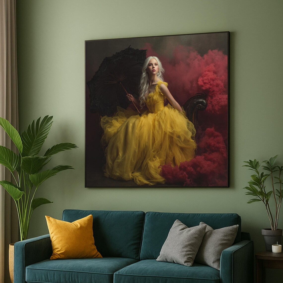 Elegant Woman In Yellow Dress Canvas Victorian Style Portrait Wall Art Artistic Fashion Photography Dramatic Home Decor