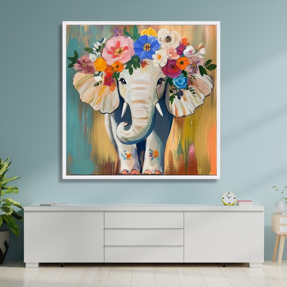 White Elephant With Colorful Floral Crown Whimsical Nursery Wall Art