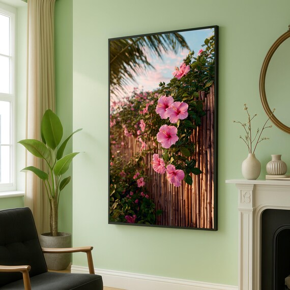Pink Hibiscus Flowers Canvas Tropical Garden Wall Art Bamboo Fence Decor Floral Nature Vibrant Home Decoration Ready To Hang
