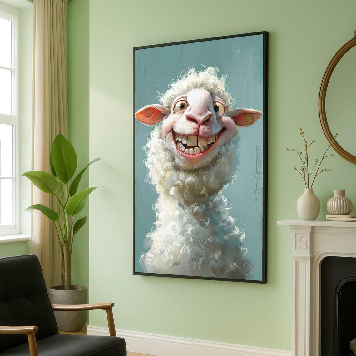 Smiling Sheep With Grin And Curly Wool Funny Farmhouse Animal Poster