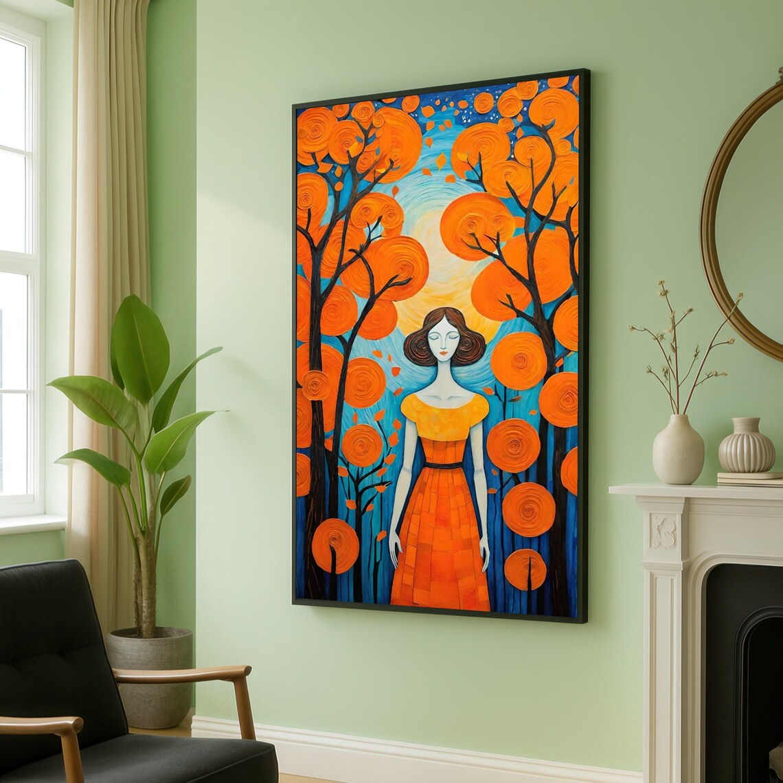 Dreamy Woman in Orange Dress Autumn Trees Whimsical Nature Wall Art