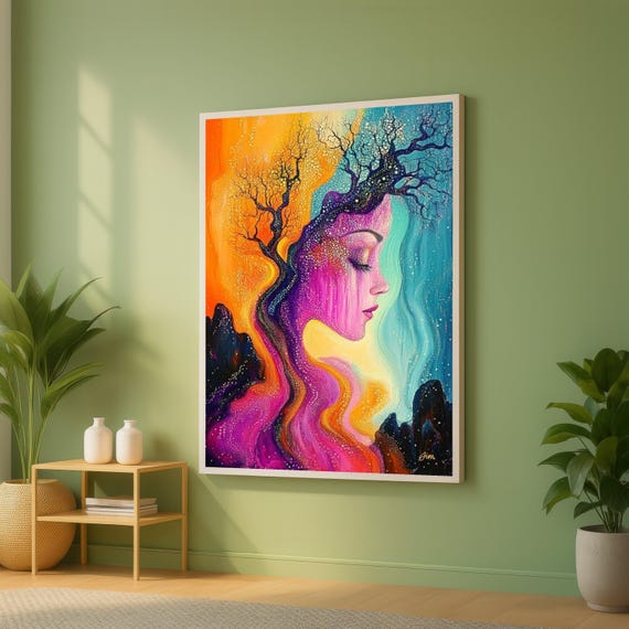 Abstract Woman Profile Canvas Colorful Tree Of Life Wall Art Psychedelic Portrait Painting Modern Home Decor Vibrant Artistic