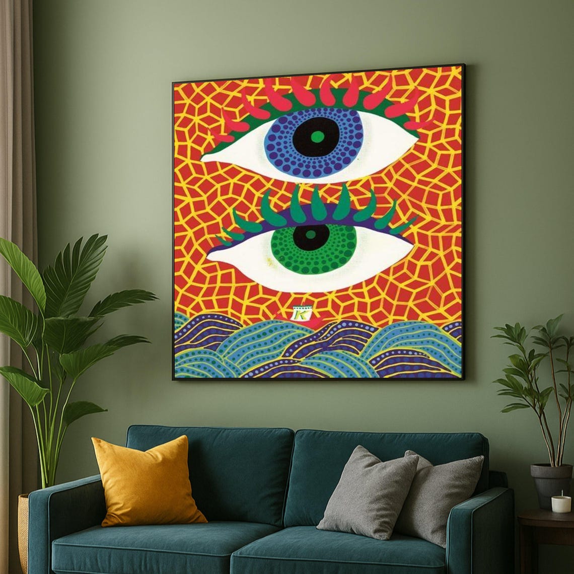 Vibrant Abstract Eyes Pop Art Poster with Red Net and Wave Pattern