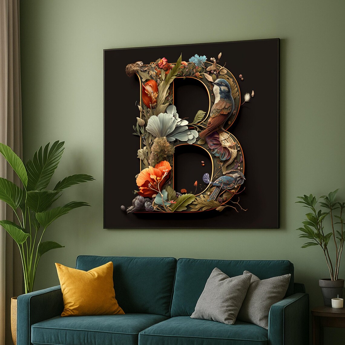 Letter B Birds Flowers Gold Botanical Alphabet Canvas Wall Art