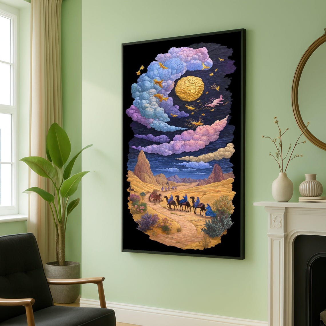 Desert Caravan Night Journey Under A Golden Moon Mystical Scene Poster