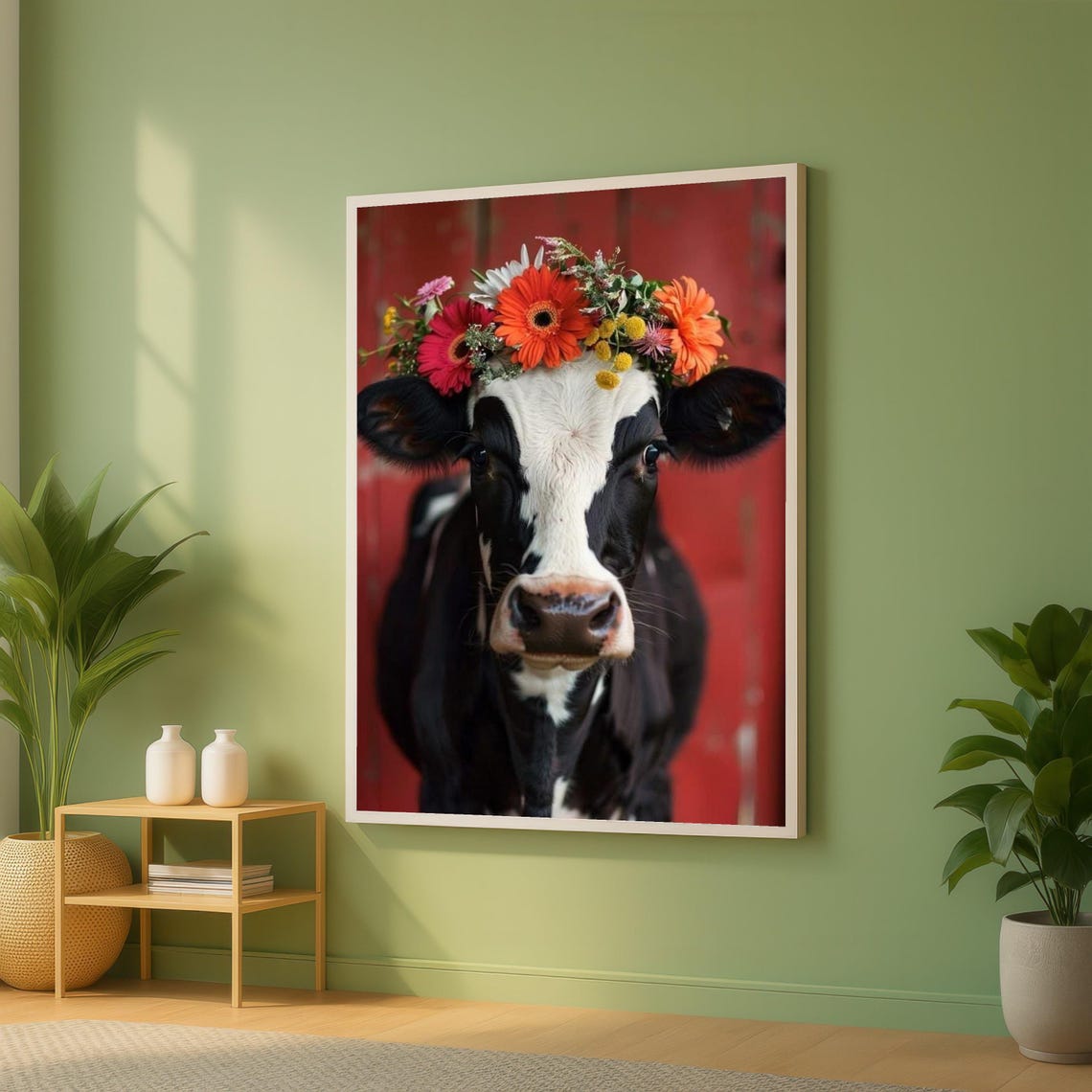 Cow With Colorful Flower Crown Red Background Farmhouse Poster
