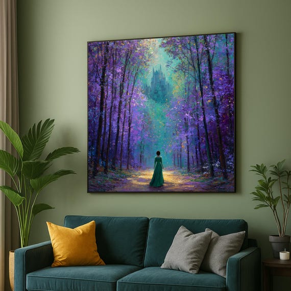 Enchanted Forest Pathway Canvas Woman In Green Dress Wall Art Purple Trees Fantasy Landscape Mystical Castle Decor Fairytale