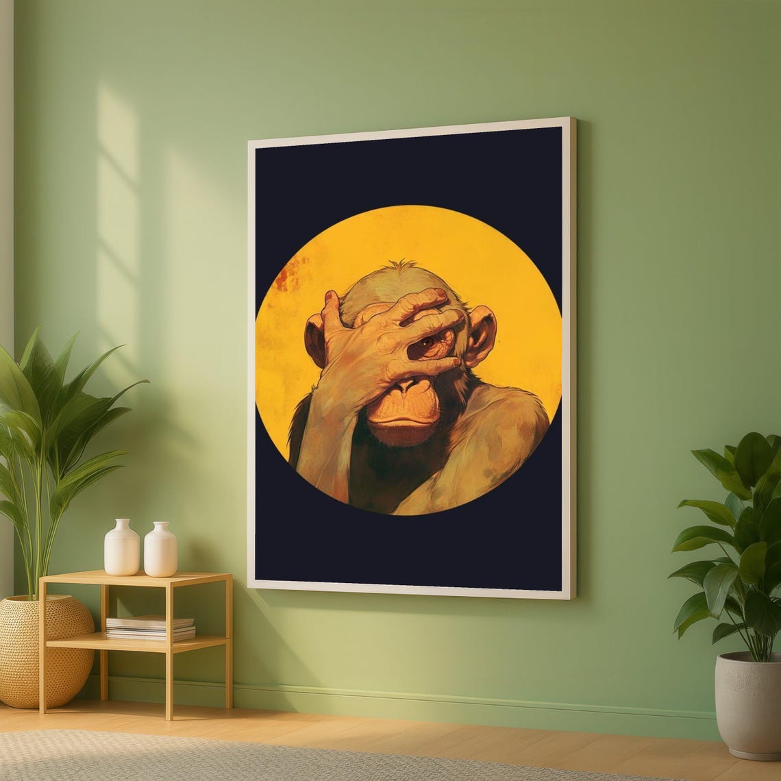 Playful Monkey Facepalm Funny Wildlife Pop Art Yellow Circle Poster