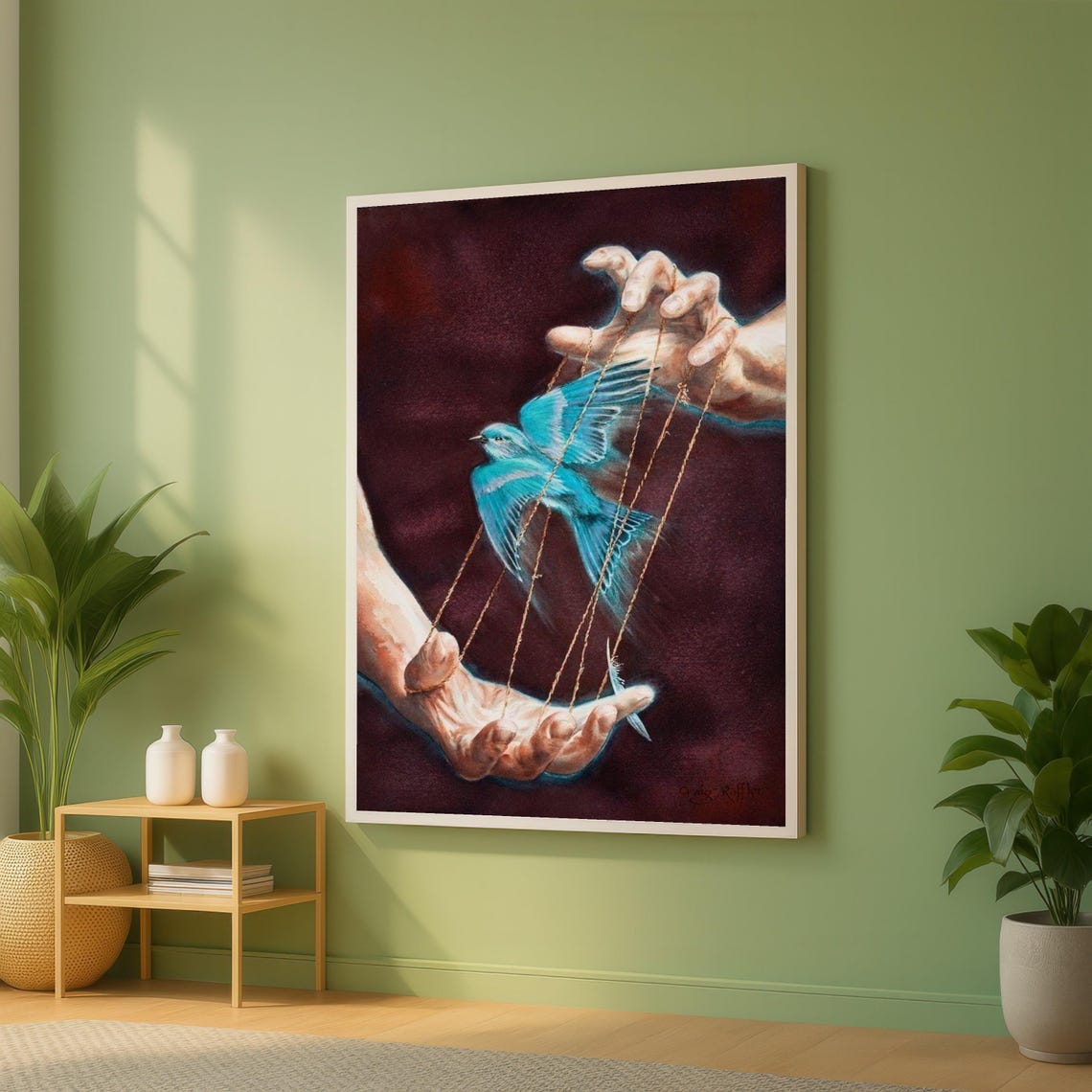 Surreal Blue Bird Puppet Strings Hands Painting Canvas Wall Art