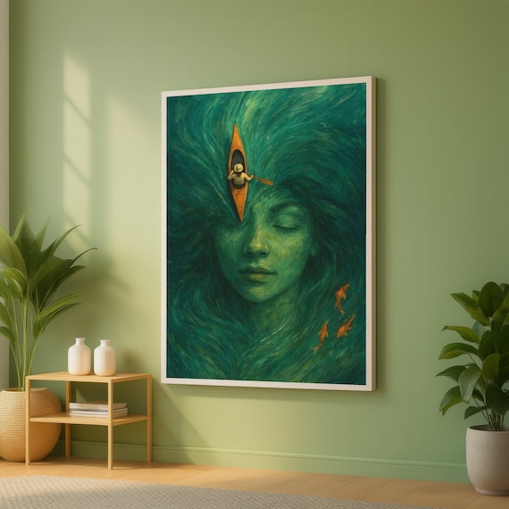 Surreal Green Woman Face Kayak Koi Fish Ocean Mystery Art Poster