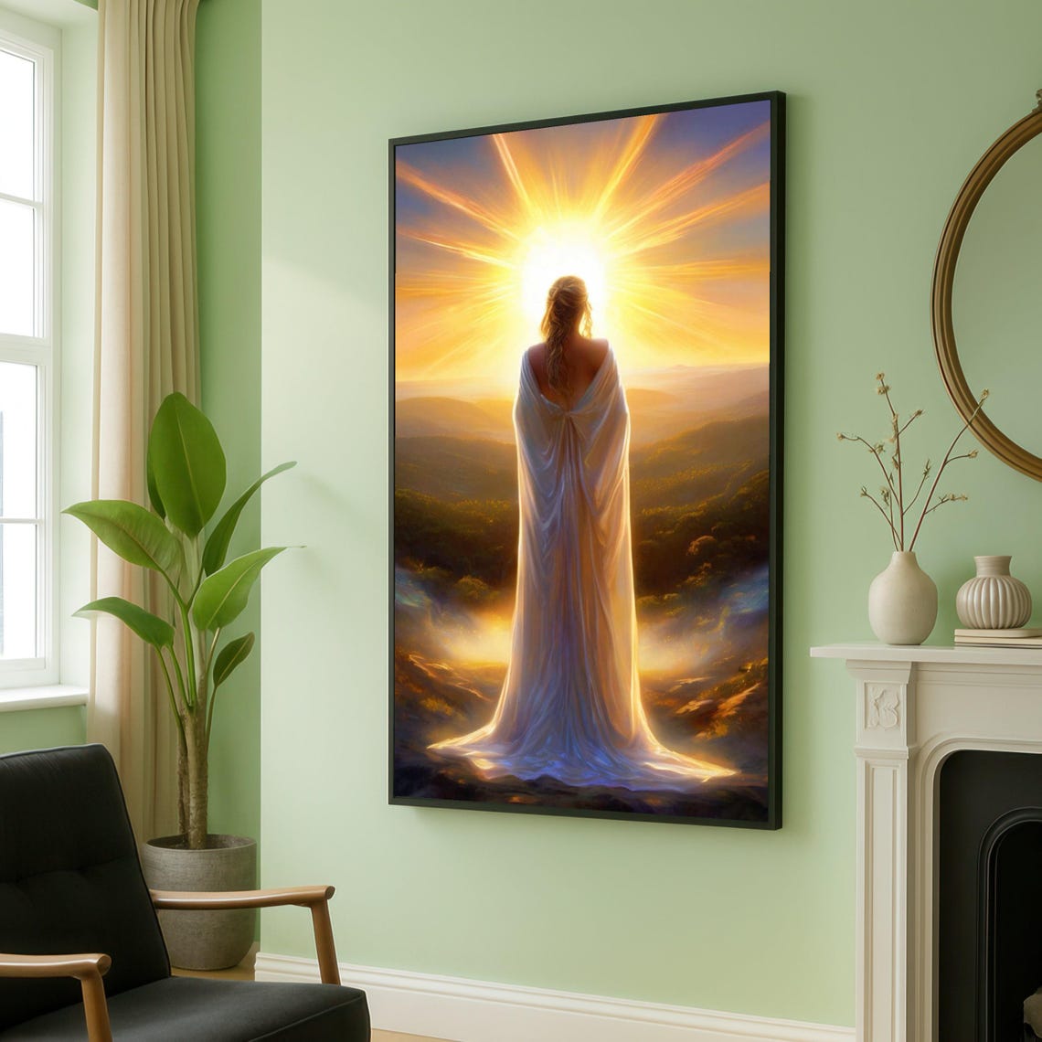 Radiant Woman Facing Sunrise Poster Ethereal Golden Light Art