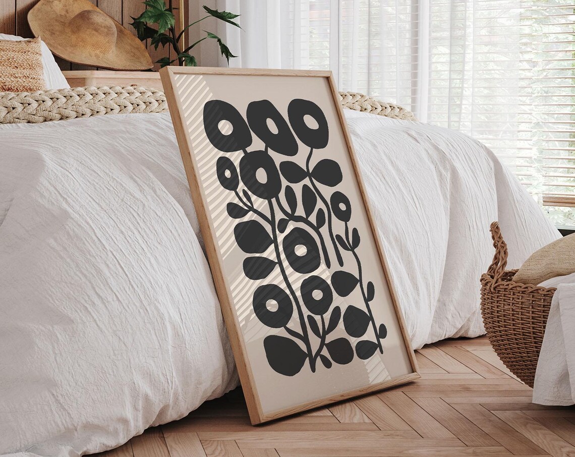 Black Abstract Pods Beige Mid Century Modern Botanical Art Print