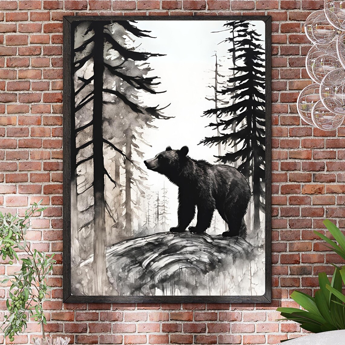 Black Bear Standing On Rock Among Tall Pine Trees Monochrome Nature Poster