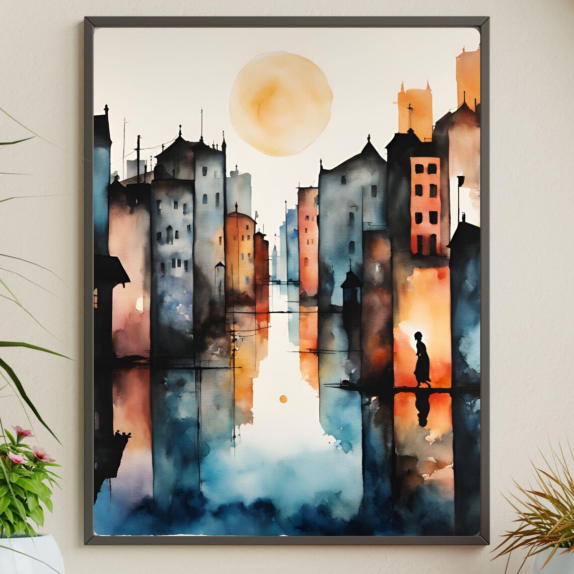 Mystical Watercolor Cityscape, Abstract Urban Night Scene