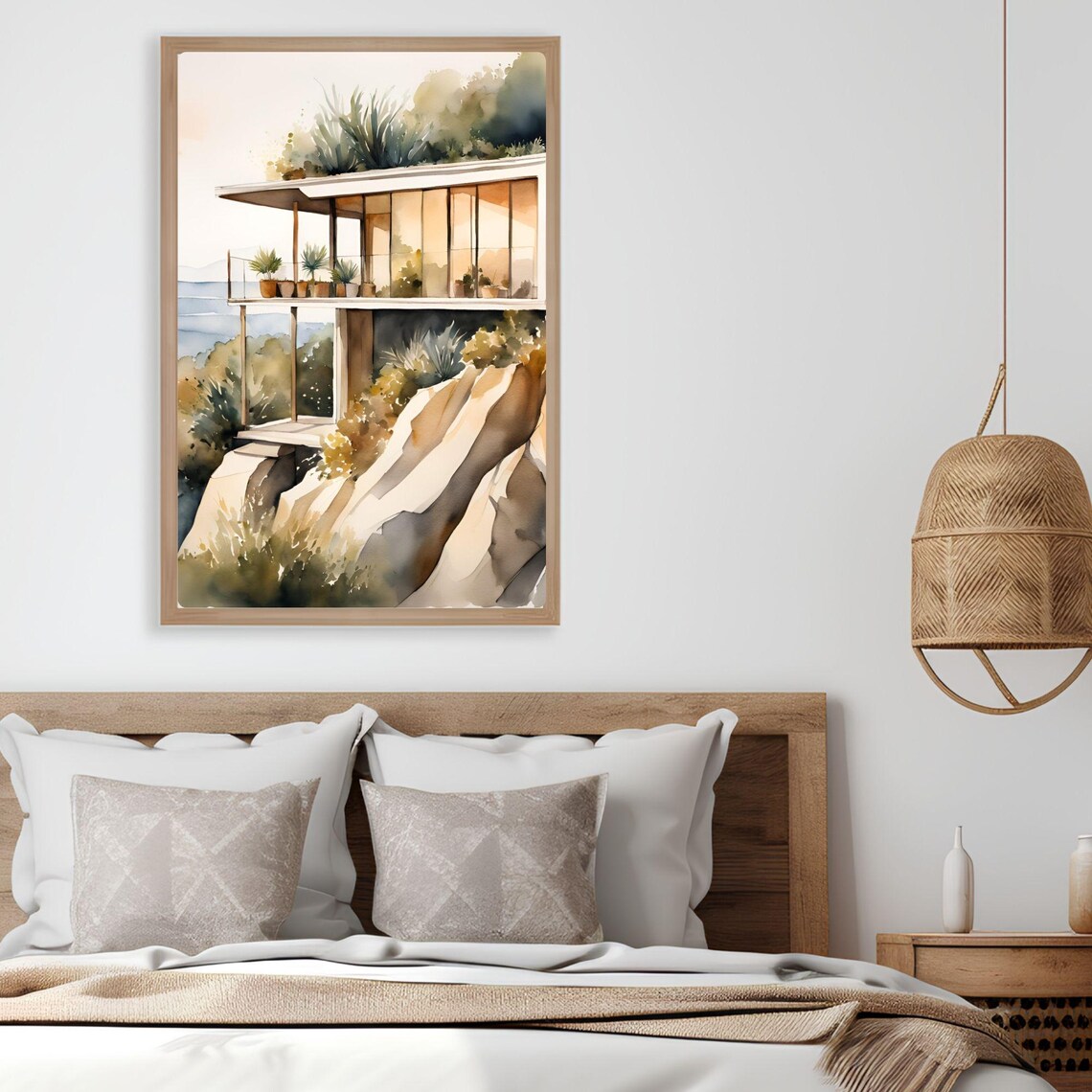 Modern Cliffside Home Watercolor Minimalist Landscape - Image 3