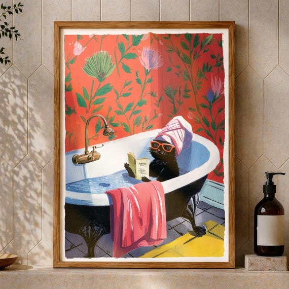 Black Cat Bathroom Wall Art Book Lover Gift Funny Poster Print Dopamine Decor