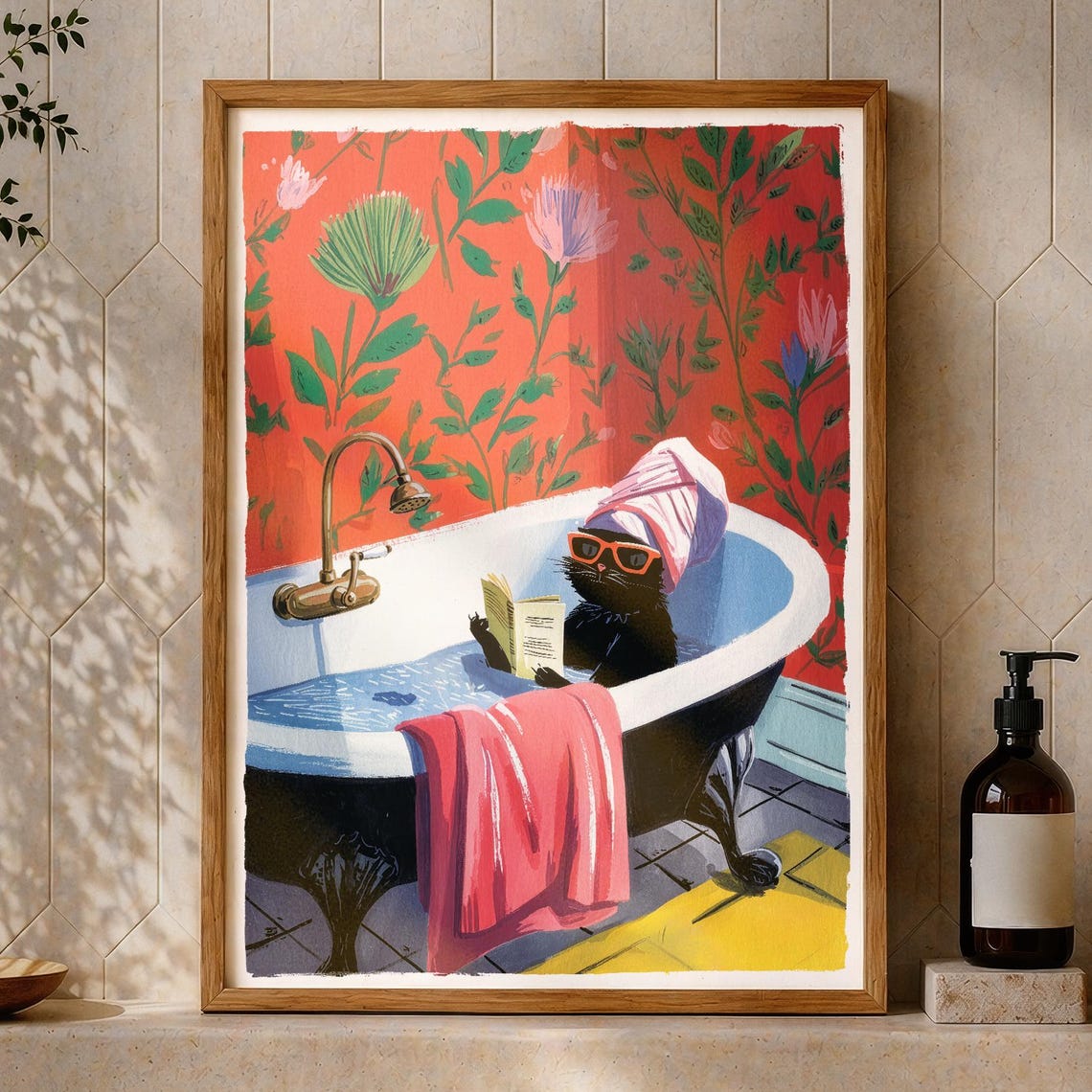 Black Cat Bathroom Wall Art Book Lover Gift Funny Poster Print Dopamine Decor