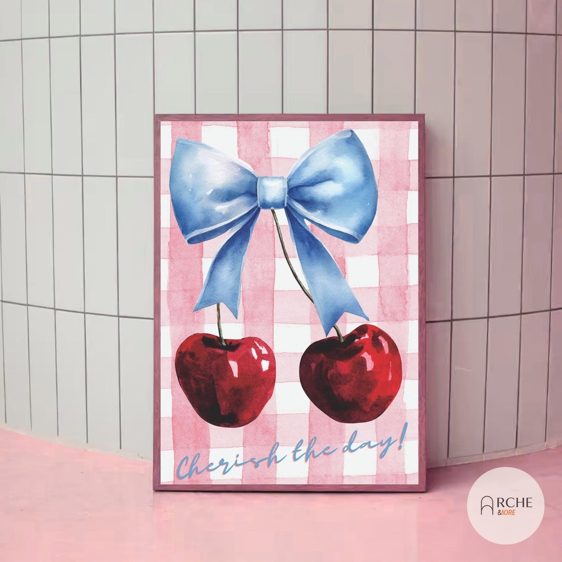 Cherish The Day Cherries Blue Bow Pink Gingham Kitchen Poster