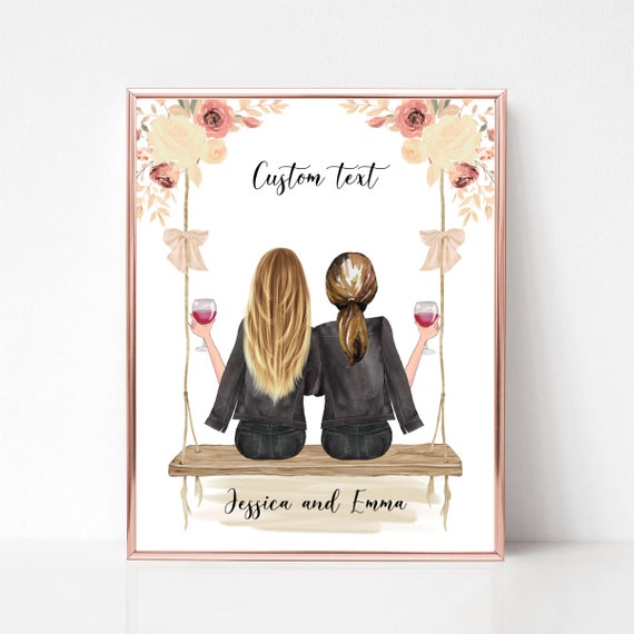 Two Friends on a Flower Swing With Wine Customizable Text Poster