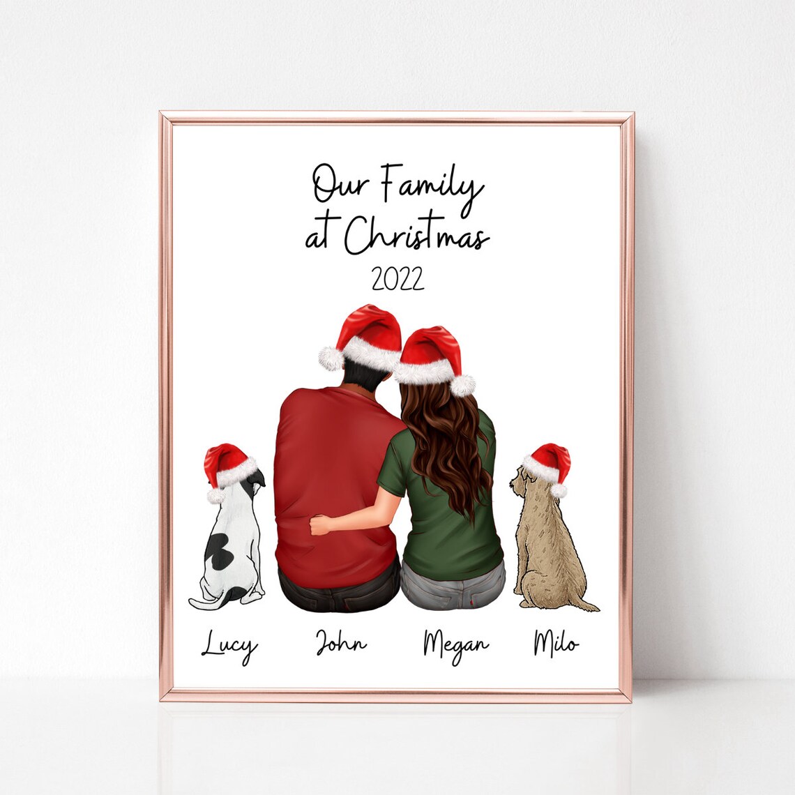 Family At Christmas 2022 Couple With Two Dogs Santa Hats Poster