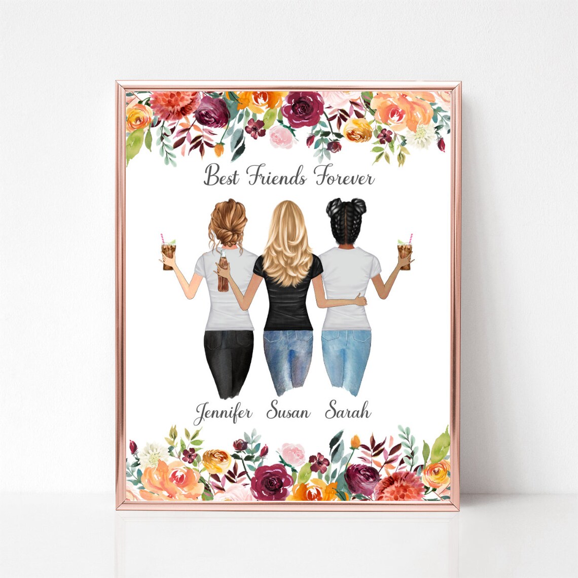 Best Friends Forever Custom Three Women Portrait Floral Poster Art - Image 2