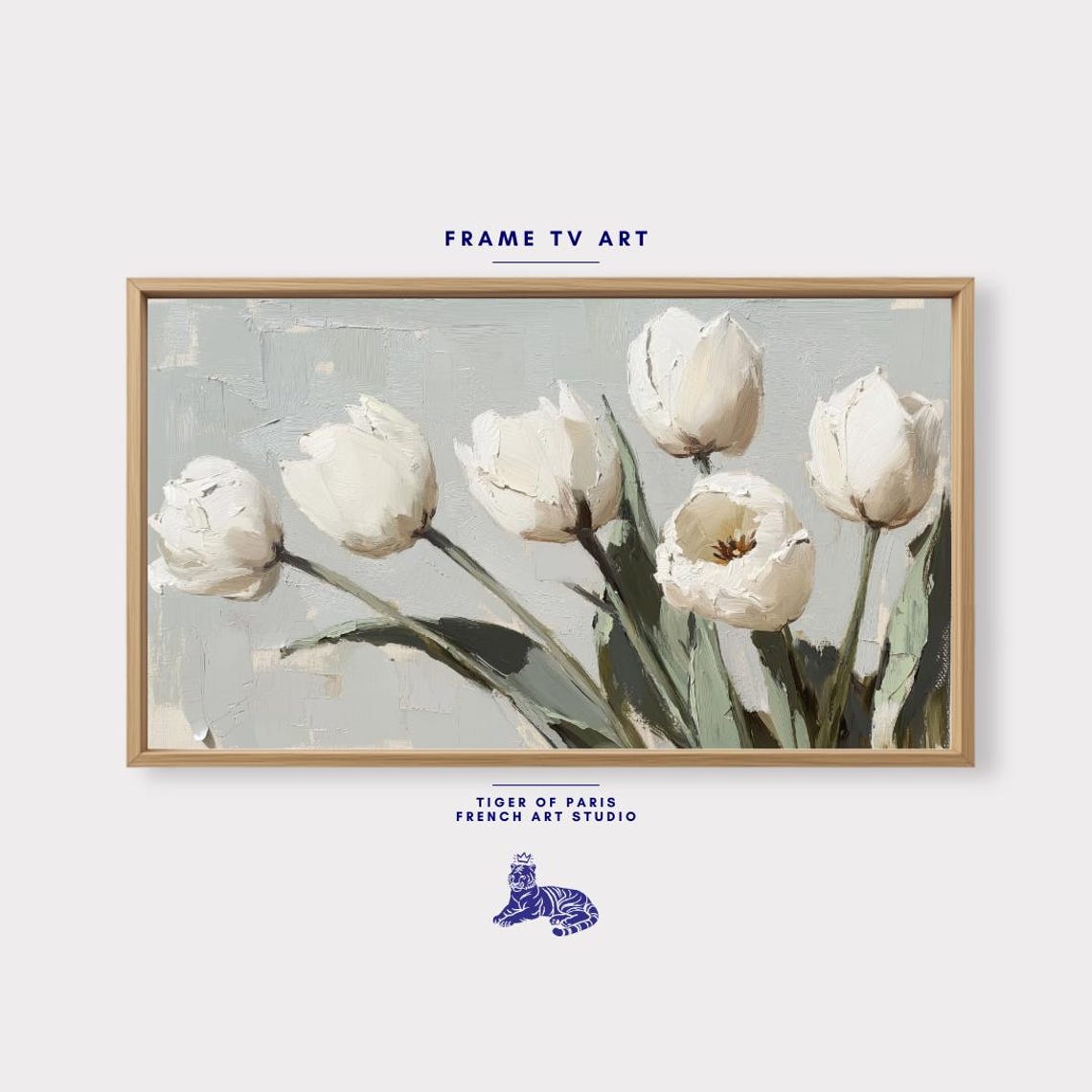 White Tulips Impasto Oil Painting Soft Gray Background Elegant Print