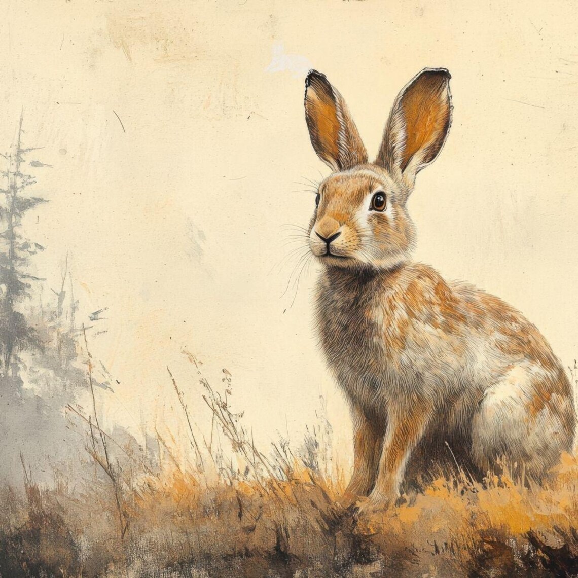 Wild Hare In Misty Woodland Vintage Wildlife Painting Rustic Print - Image 4