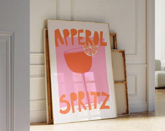 Apperol Spritz Cocktail Poster Orange Pink Bar Cart Drink Art