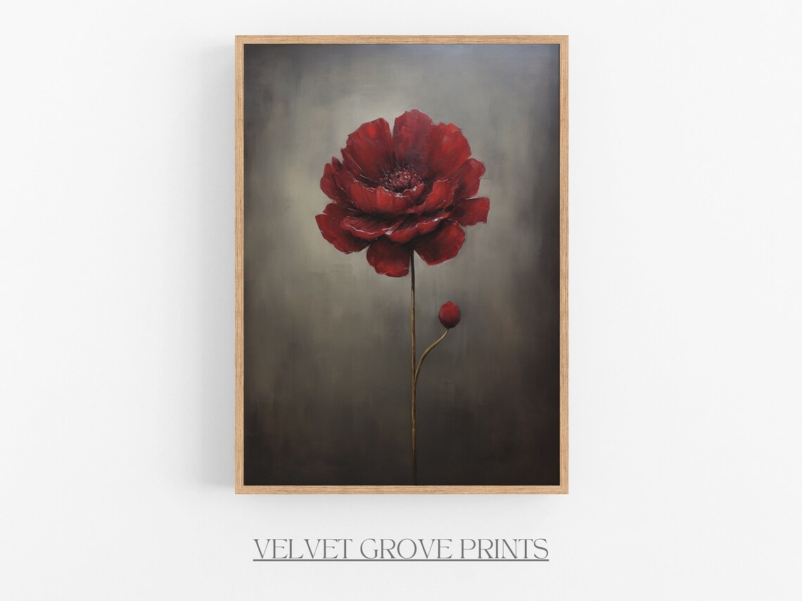 Dramatic Red Poppy Oil Painting Moody Single Bloom Floral Poster