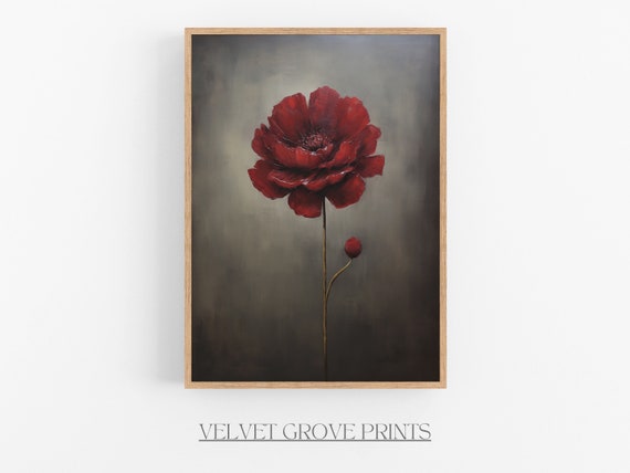 Vintage Red Flower Oil Painting Moody Floral Wall Art