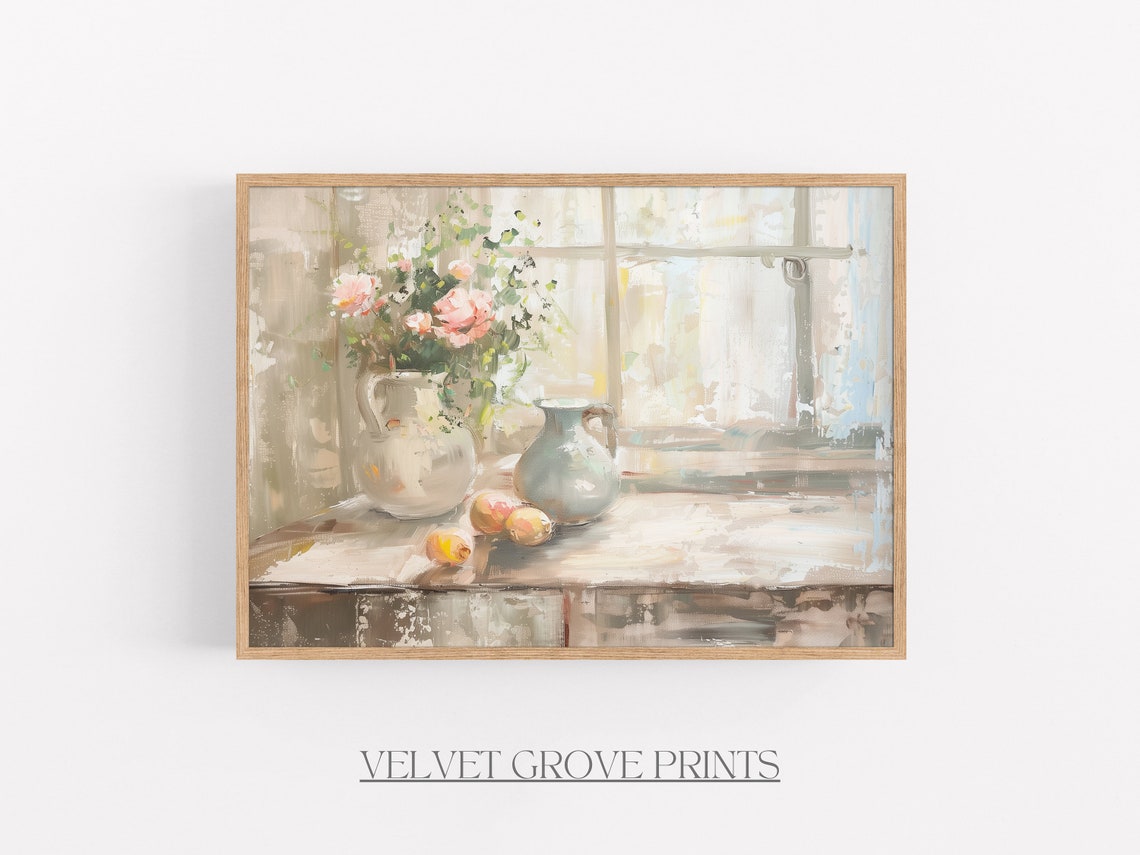 Pink Roses In Ceramic Pitchers By A Sunny Window Still Life Print