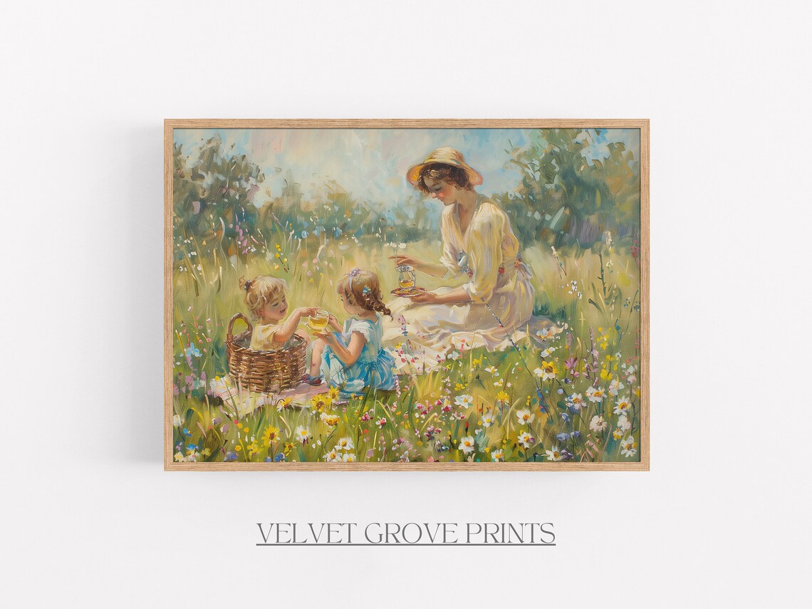 Mother And Children Picnic Vintage Style Art Print