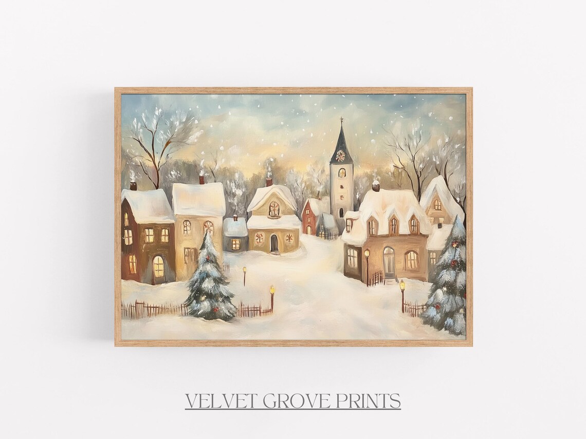 Snowy Christmas Village Church Winter Scene Vintage Oil Painting Print